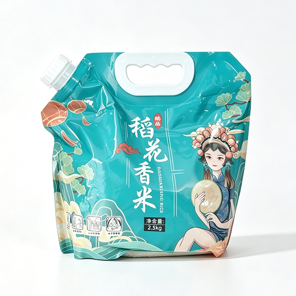 Stand-Up Spout Pouch with Handle for Rice / Liquid The Stand-Up Spout Pouch with Handle is a flexible packaging solution designed for convenient storage, carrying, dispensing, and transportation of rice, grains, liquids, and semi-liquid pro